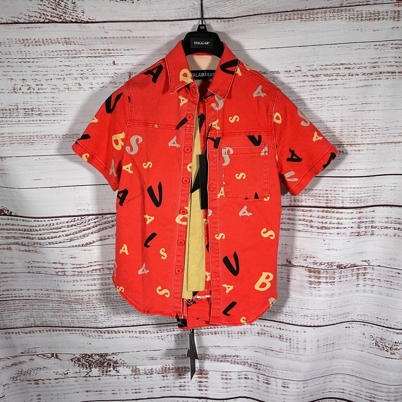 NWT Valabasas Puzzled Red Denim S/S 2 pc Pants Suit Top Size S Pants Size 32