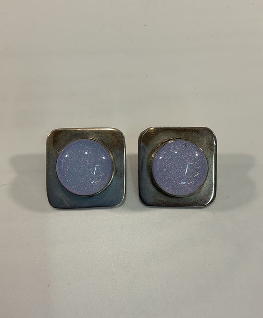 Linda Shull Sterling Silver Lavender Dichroic Glass Cabochon Clip-On Earrings