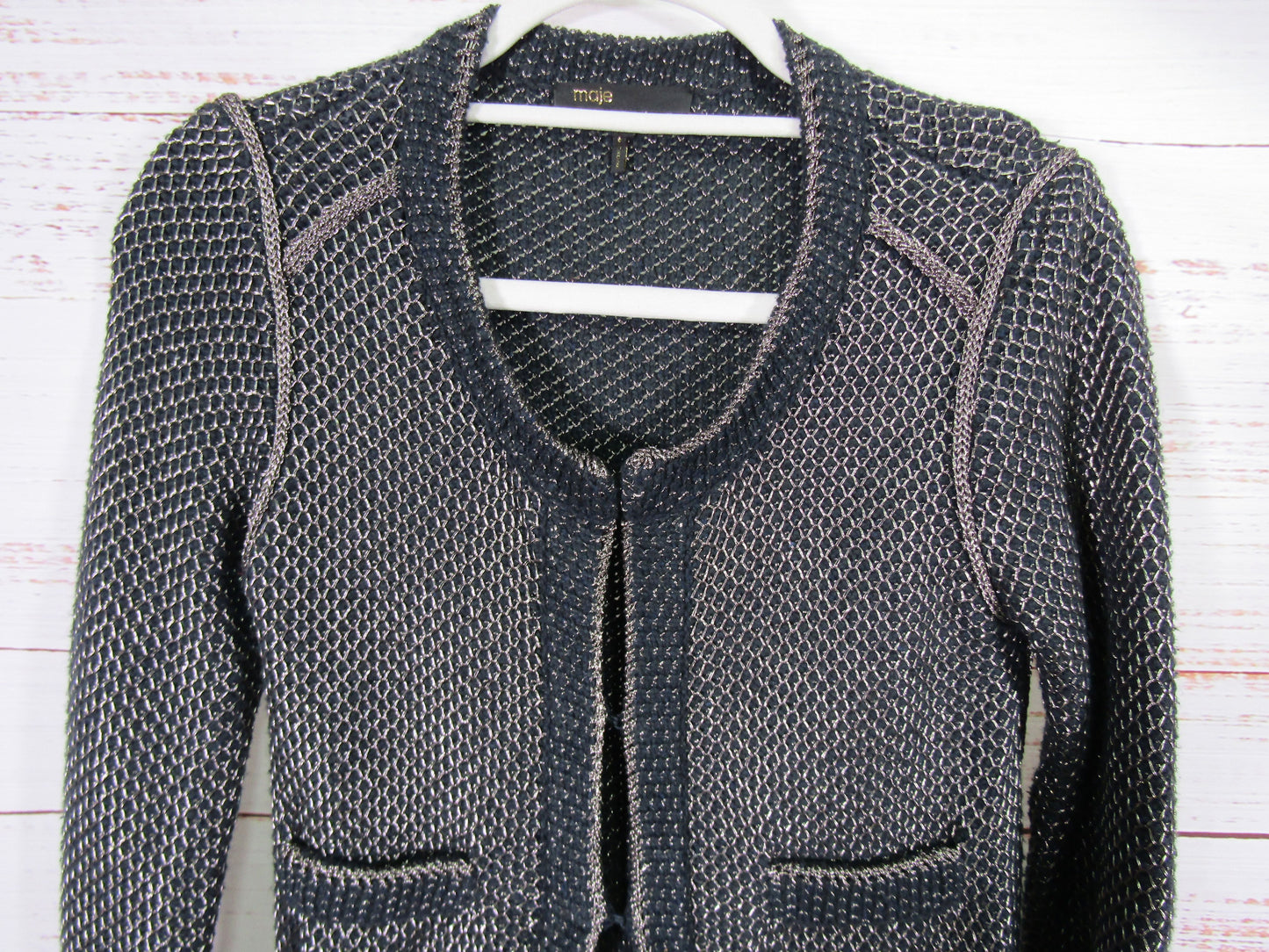Maje Women's Black Metallic Silver Knit Cotton Blend Cardigan Sweater Size 1