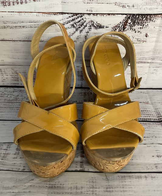 Jimmy Choo Patent Leather Strappy Cork Wedge Sandals Beige 8