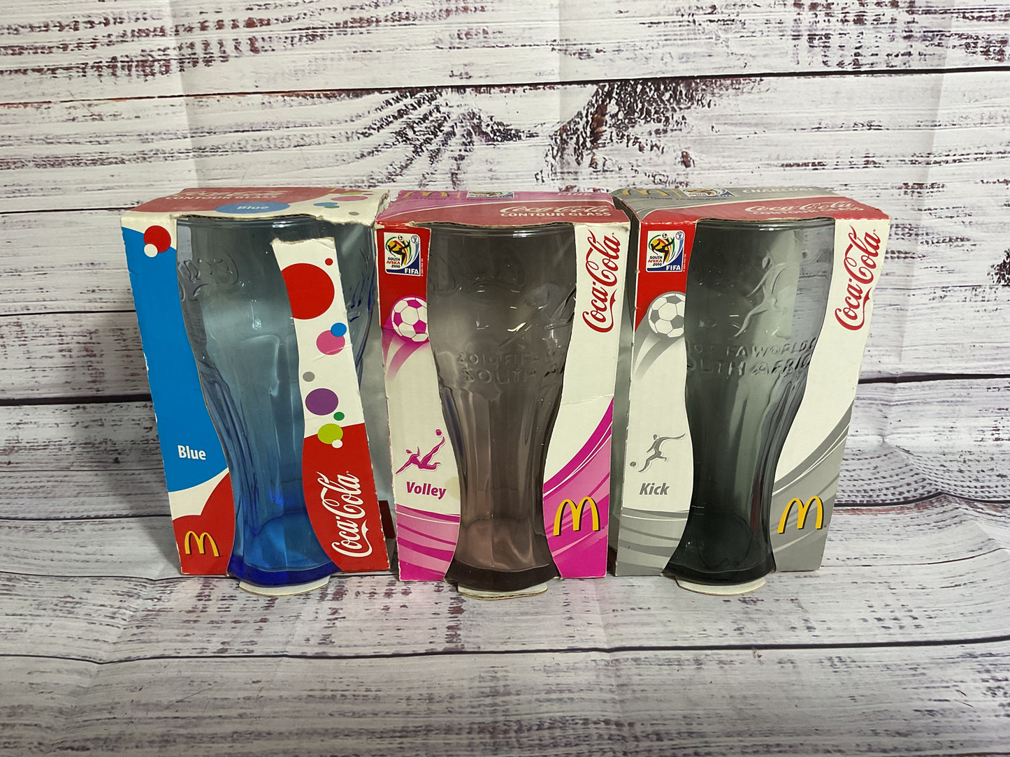 McDonald's Coca Cola Blue Luminarc & 2 Pink/Gray Fifa World Cup Glasses
