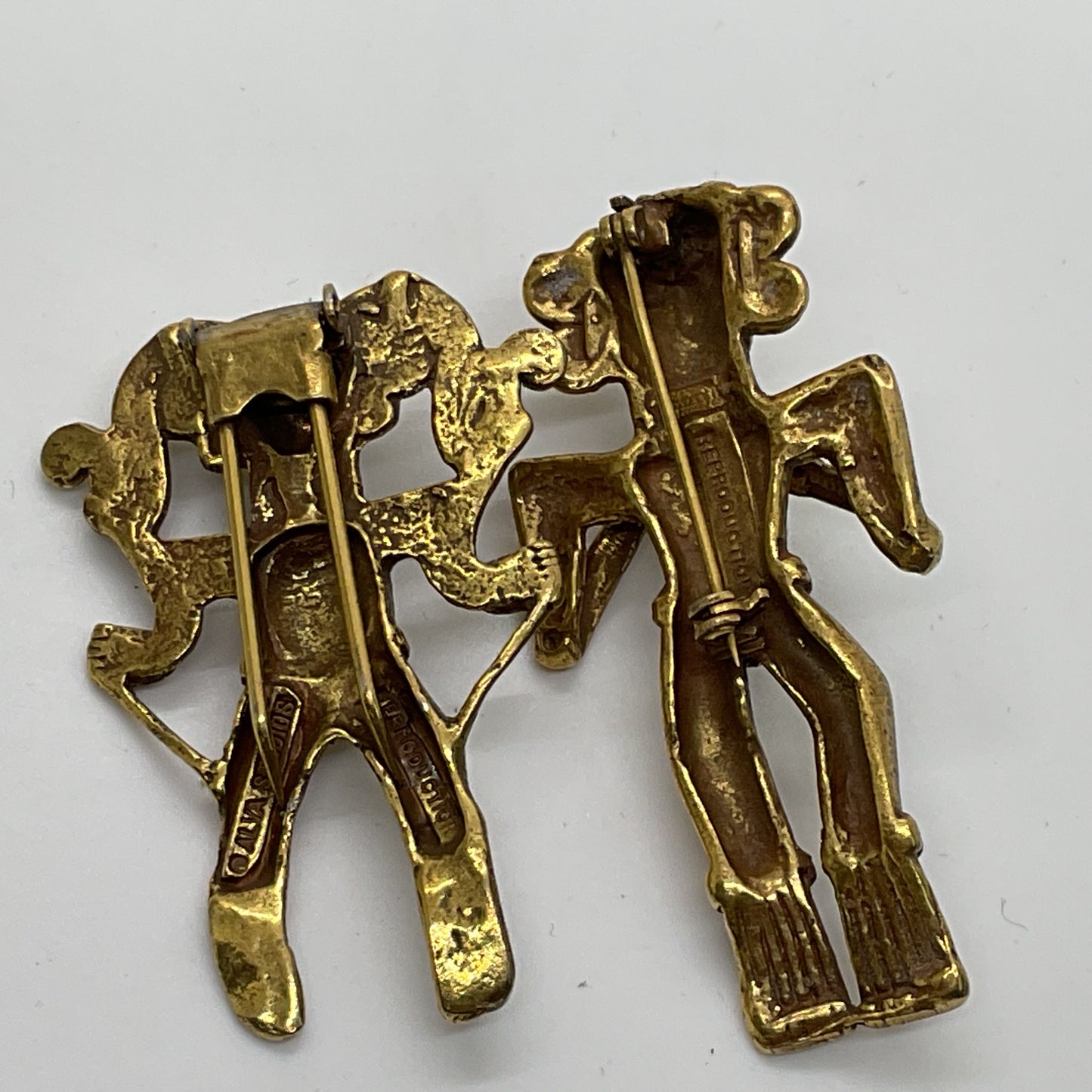 Set of 2 ALVA STUDIOS 2" & 2.25" Brass Mayan Figural Brooch & Fur Clip