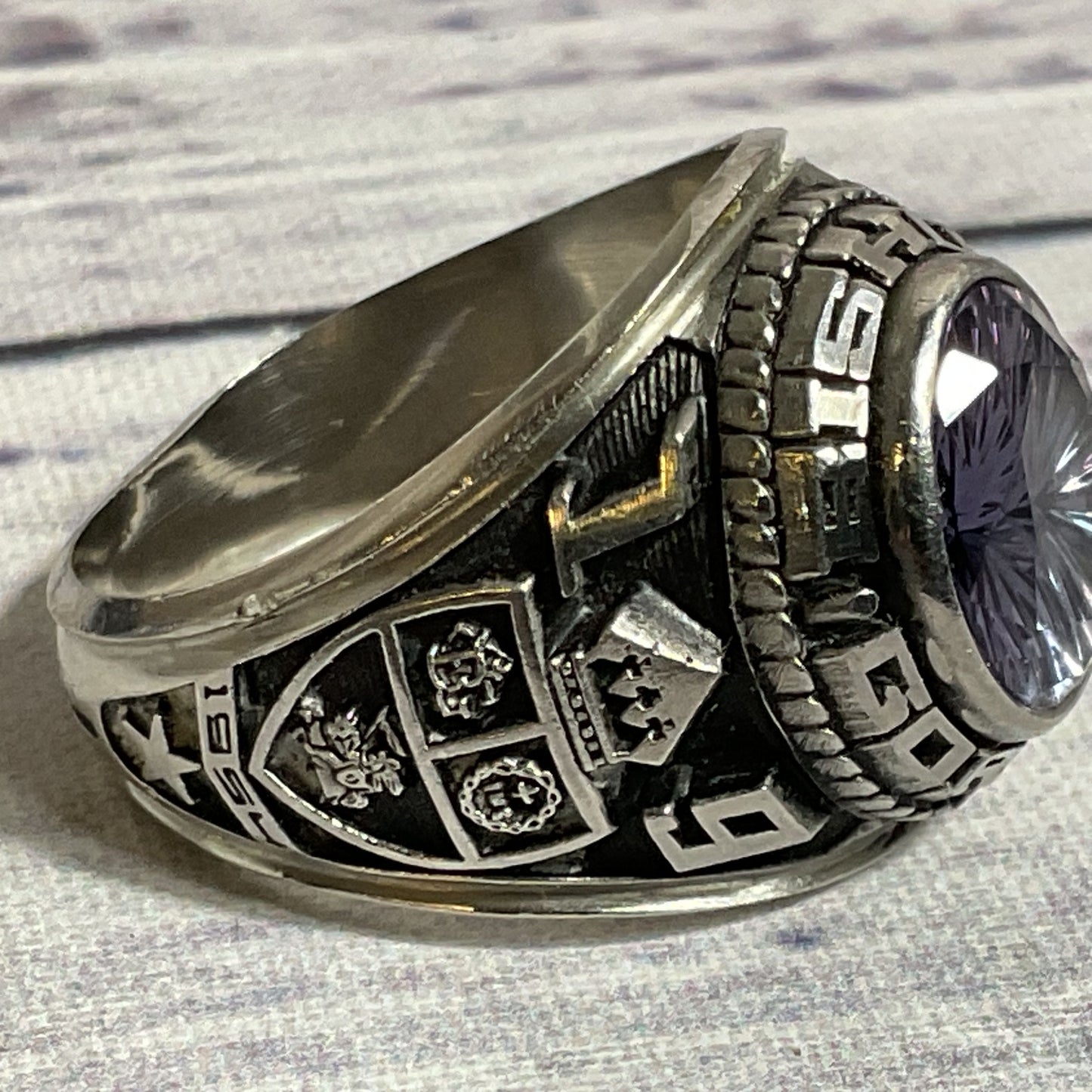 JOSTENS LTM Silver Tone & 10mm Lavender Sapphire Gorman Bishop Class Ring SZ 8.5