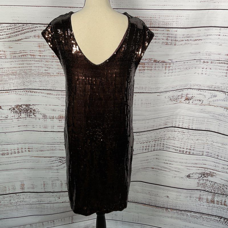 NWT MAEVE for ANTHROPOLOGIE Women's Brown Sequin Short Side Slit Dress- SZ XS