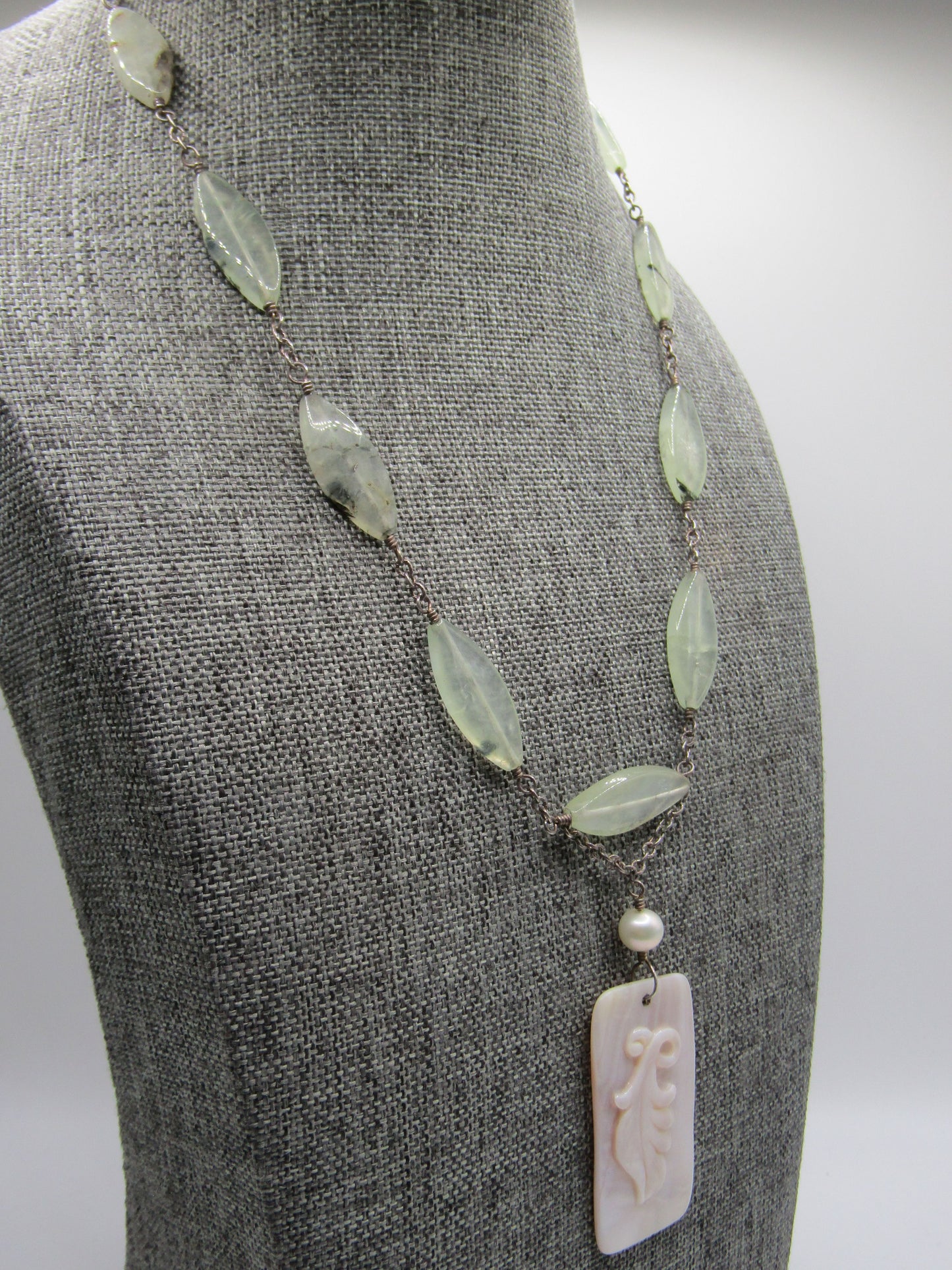 Vintage Artisan Handcrafted Sterling Silver Prehnite & Carved Pink MOP Necklace