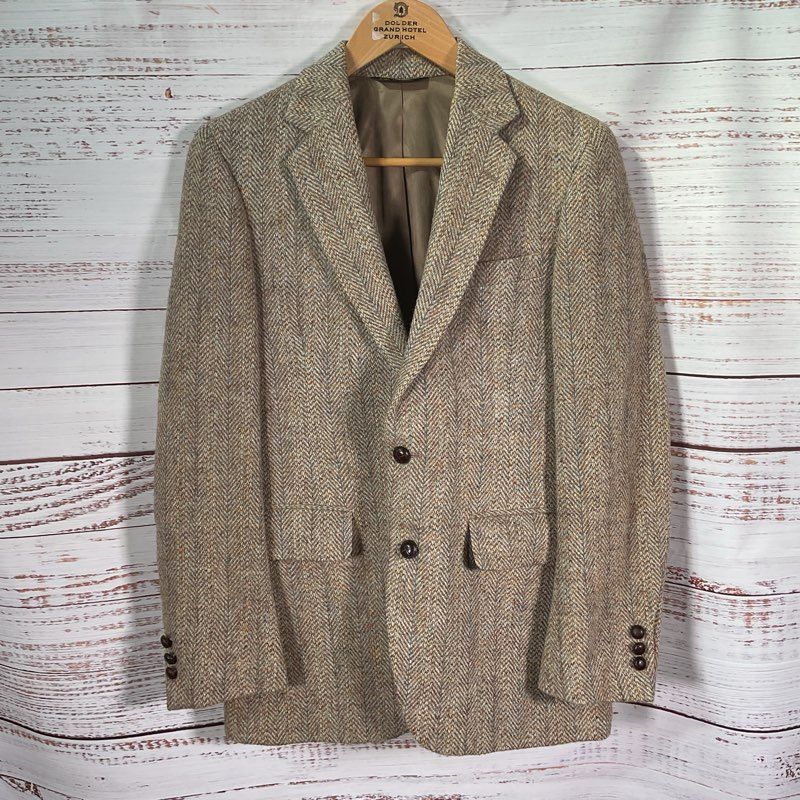 VTG Harris Tweed Barrister 100% Wool Tan Chevron Knit Sport Jacket Size in Desc.