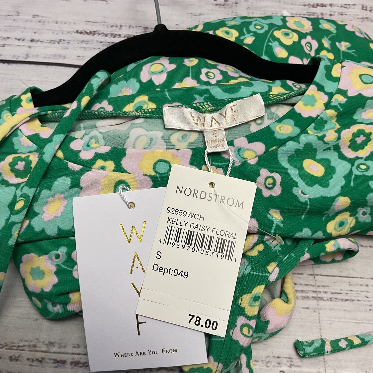 WAYF Jetset Cutout Knit Green Kelly Daisy Floral Print Dress - Size S New