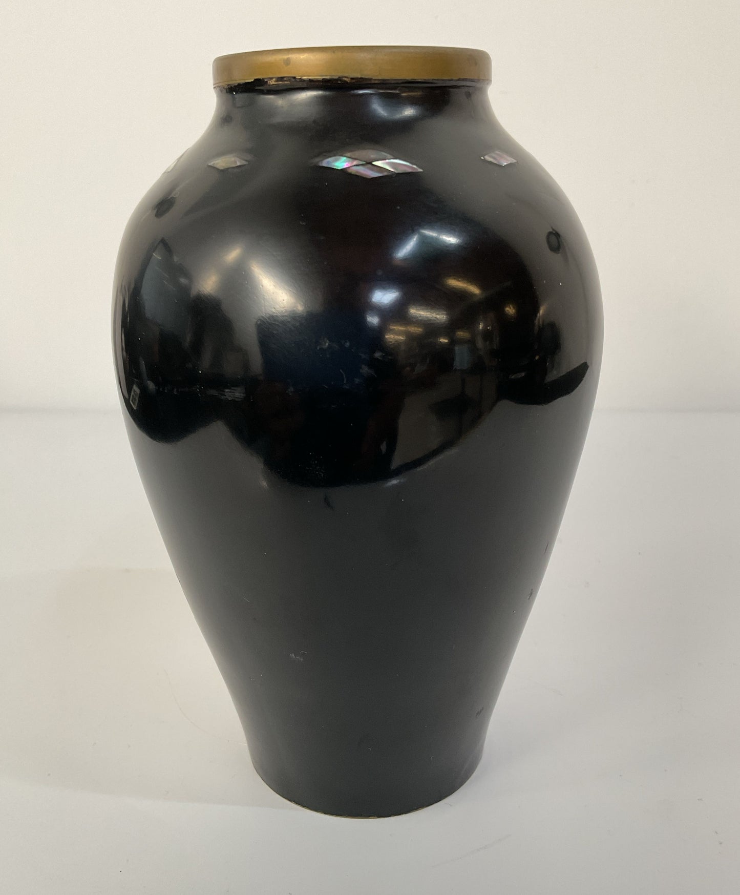 Vintage Brass Black Lacquer Floral Bird Motif Mother of Pearl Inlay Vase
