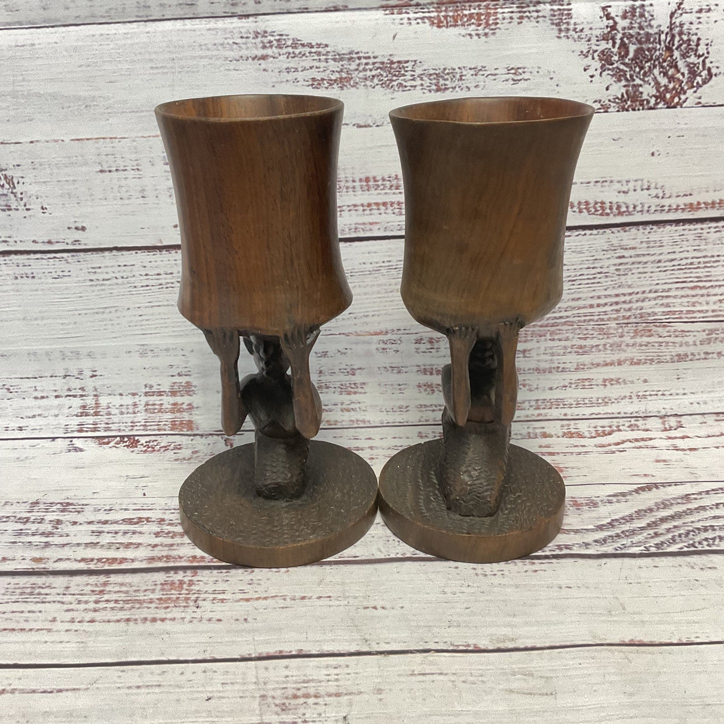 Hand Carved African Wooden Drinking Cups 7" Set Of 2