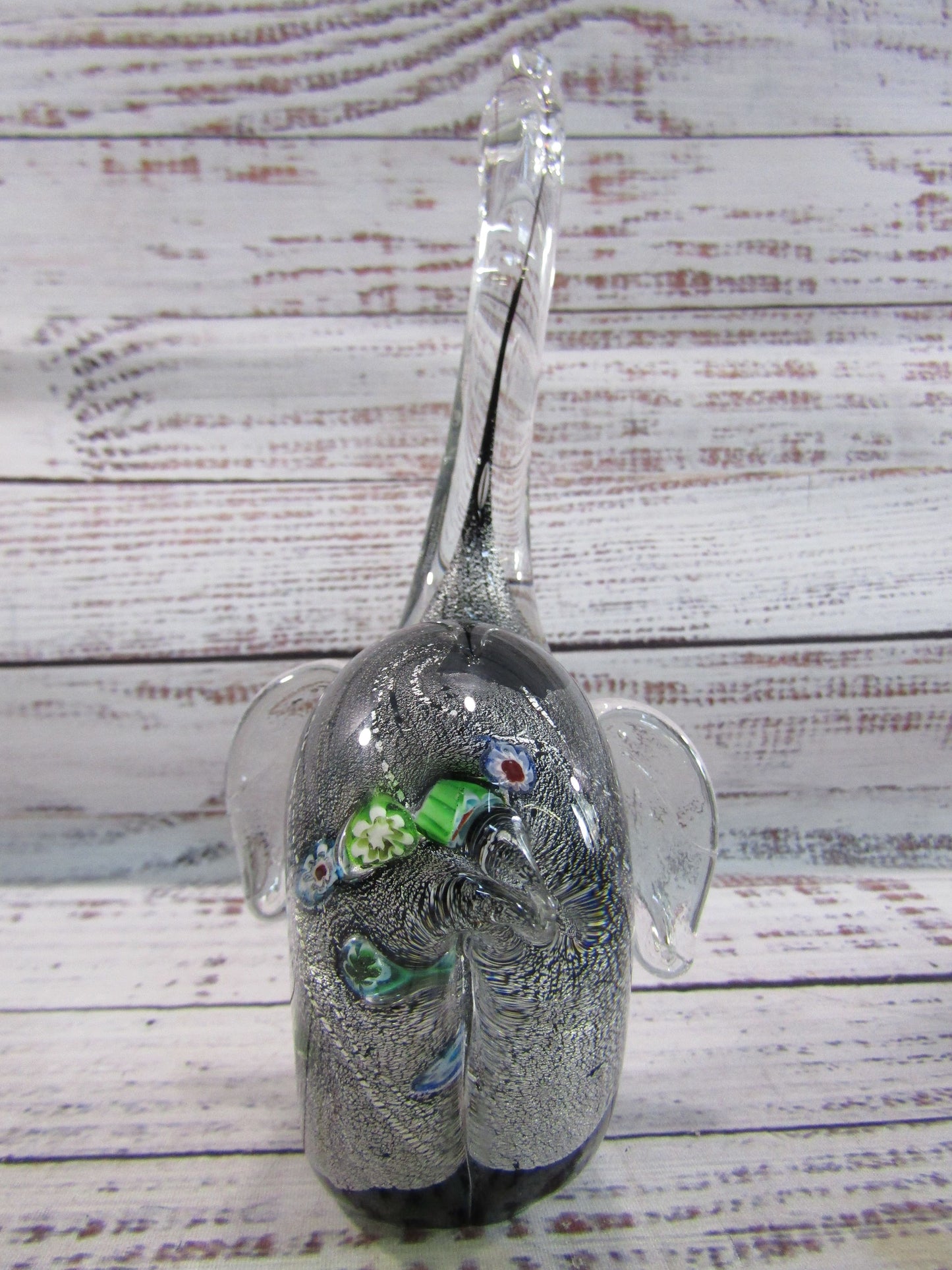 Hand Blown Silver Fleck Millefiori Murano Glass Elephant Figurine