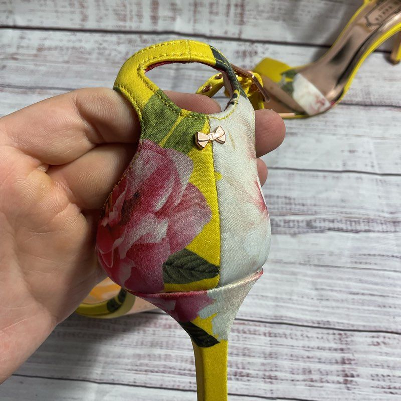 Ted Baker Yellow Floral Satin Strappy Heels Women's Size 7.5 US