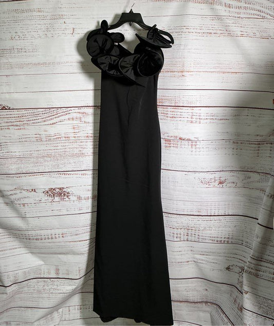 NWT Alberto Makali Black Long Dress with Velvet Ruffled Neckline Size 2
