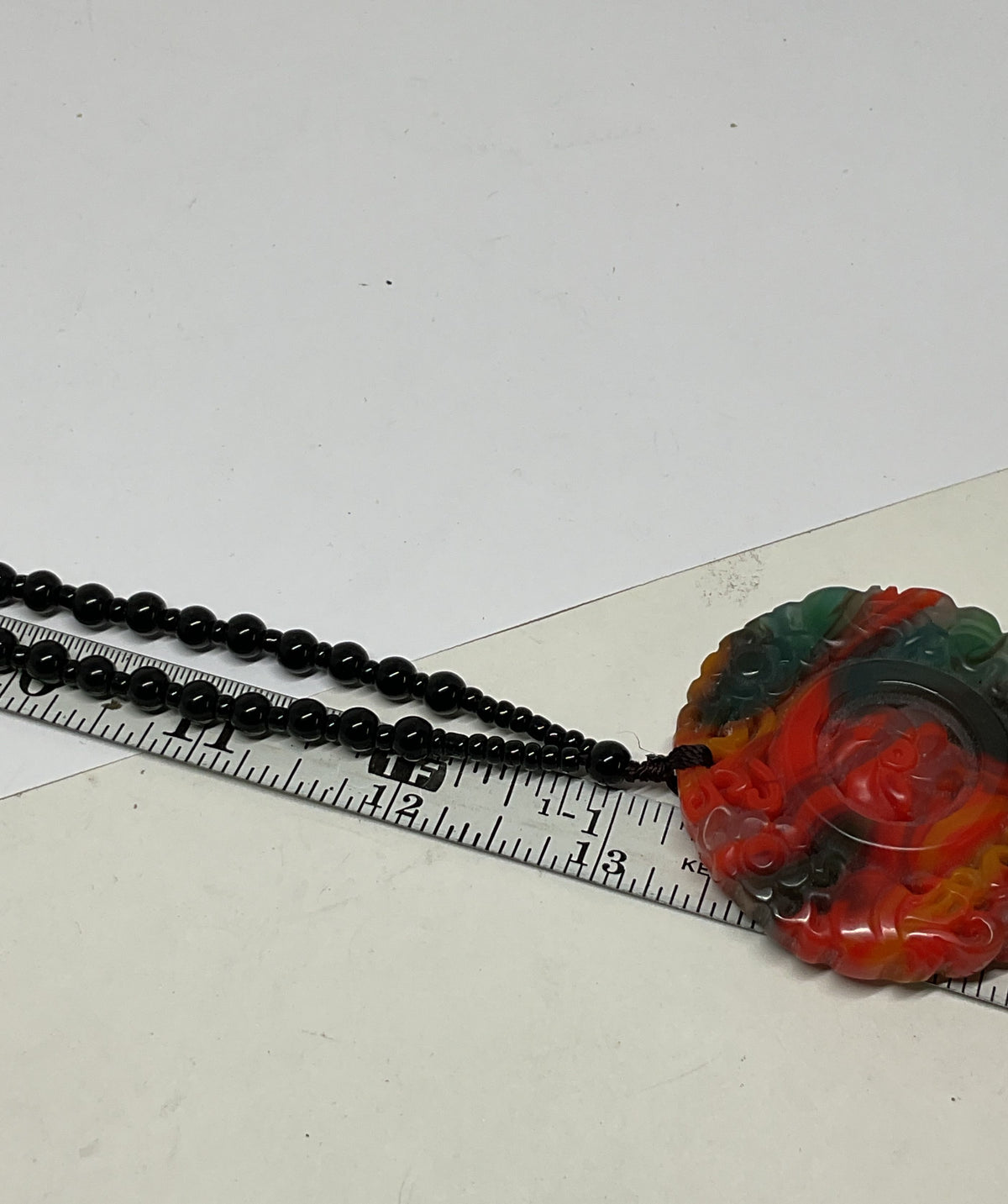 Carved Glass Pendant Necklace Black Beaded Necklace