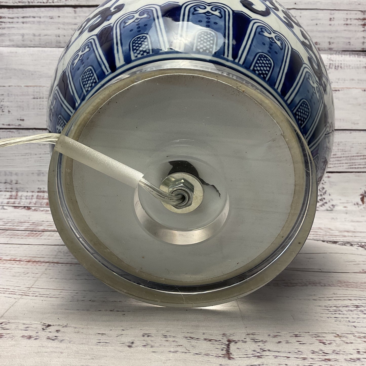Chinoiserie Blue White Vase Style Lamp Clear Glass Base Working 13"