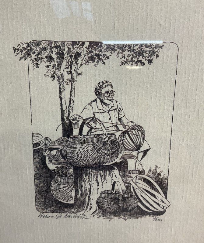 Vintage Debra Jo Davidson Signed Etching Print Woman Weaving Baskets #13/250