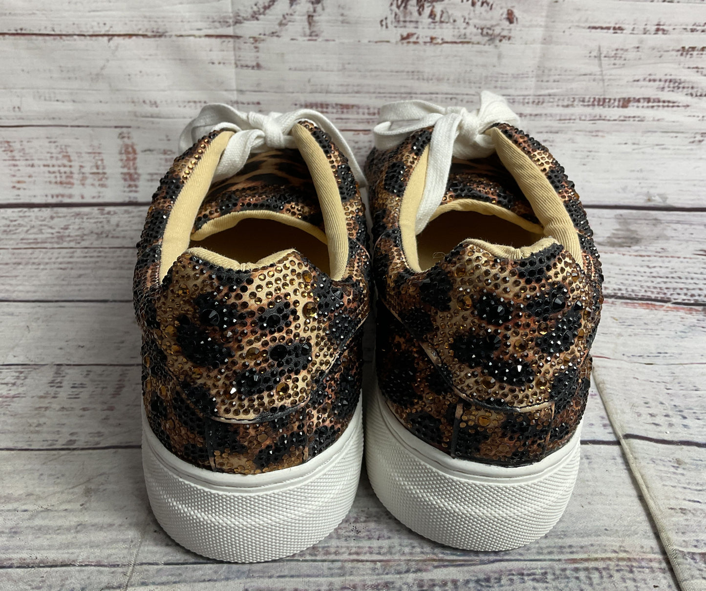 Betsey Johnson Suton Highwall Bling Platform Sneaker Tan Black Leopard Print 9