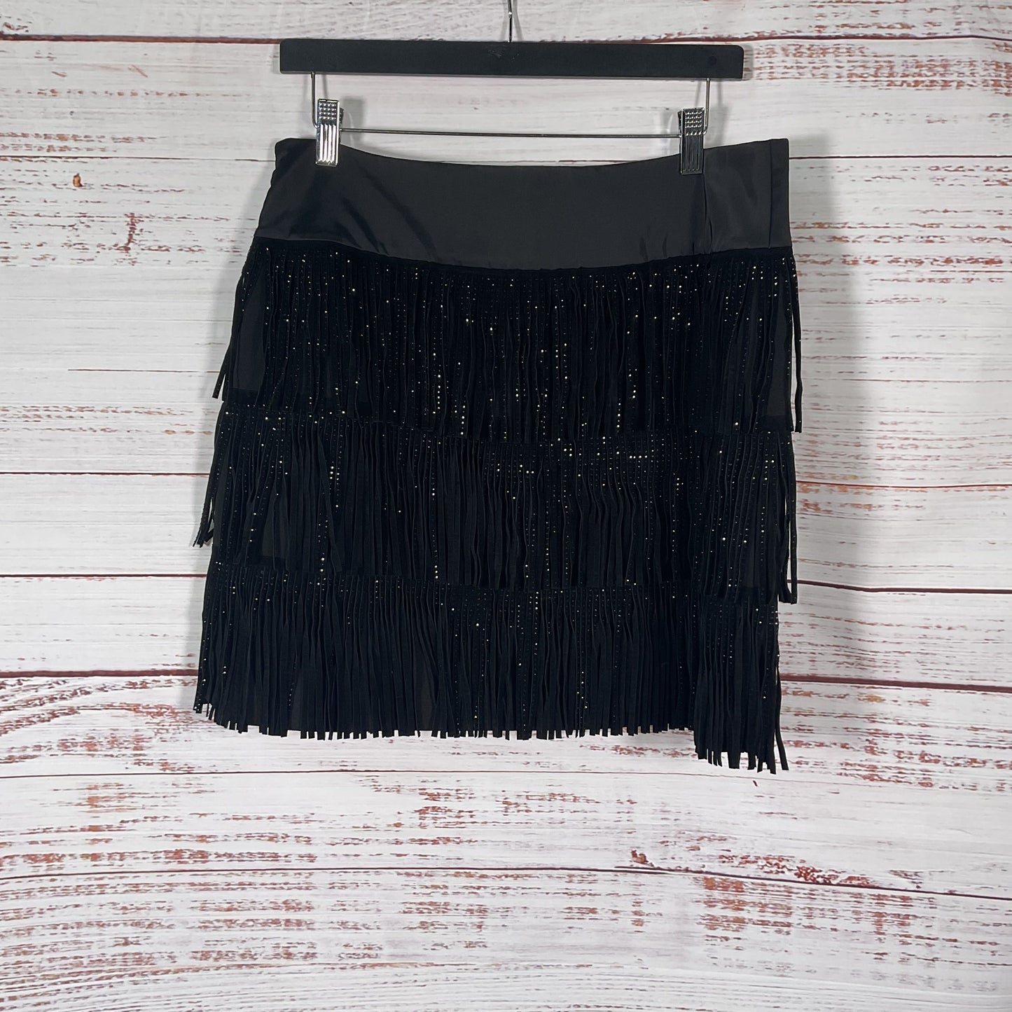 DKNY Black Rhinestone Studded Fringe Mini Skirt - Size 12 New