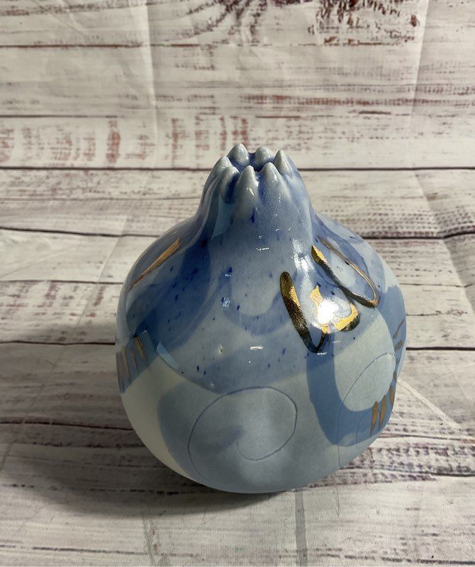 Decorative Ceramic Pomegranate Fruit Figurine Hand Painted Blue 4.5"