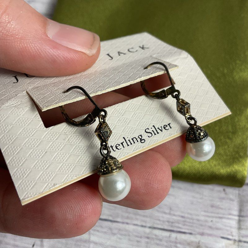 NWT Judith & Jack Sterling Silver, Marcasite, & Faux Pearl Drop Earrings 1.5"