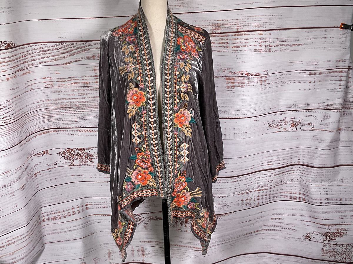 NWT JOHNNY WAS Maeve Velvet Draped Embroidered Cardigan- SZ XS