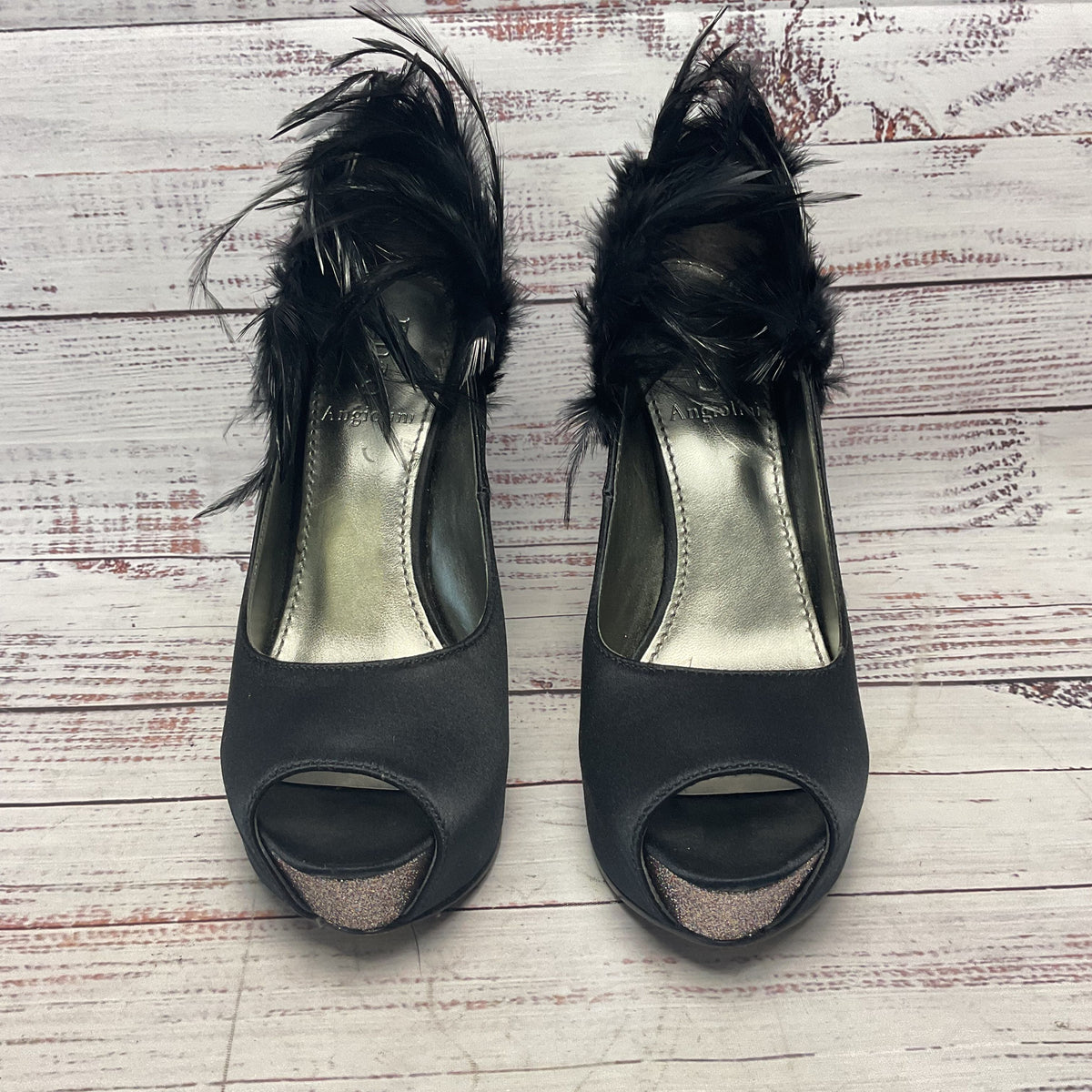 Enzo Angiolini Black Satin Feathered Platform Heel Women Size 7.5