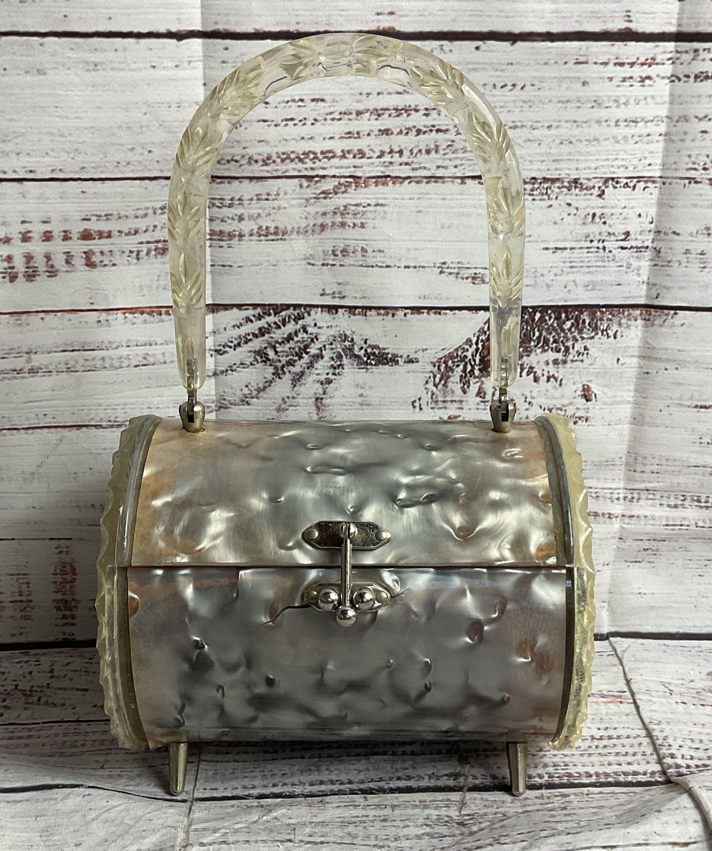 Vintage 1950s Carved Lucite Barrel Florida Handbag Silver Pearl Clear