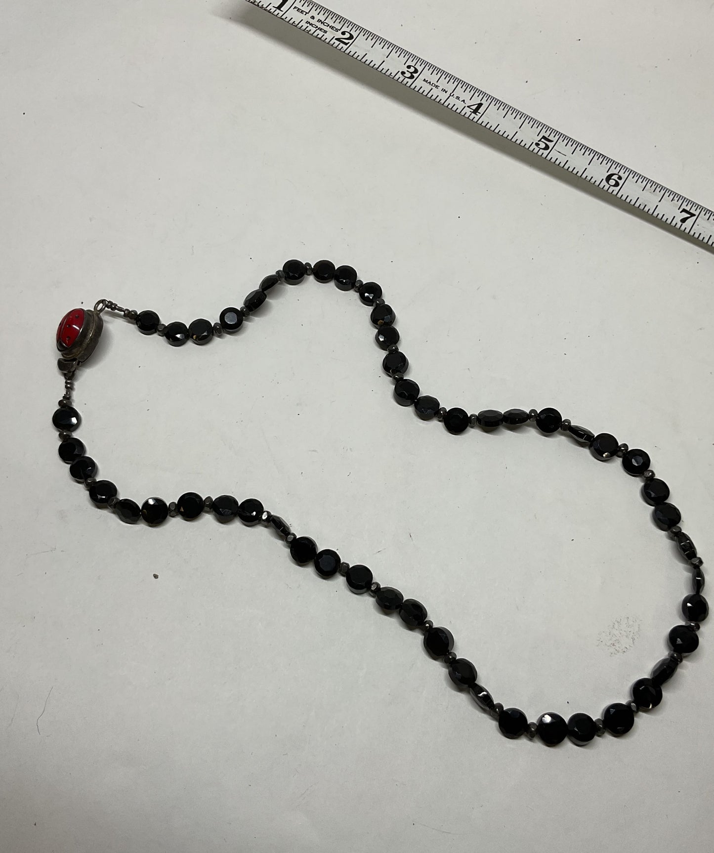 Black Beaded Sterling Silver Ladybug Clasp Vintage Necklace