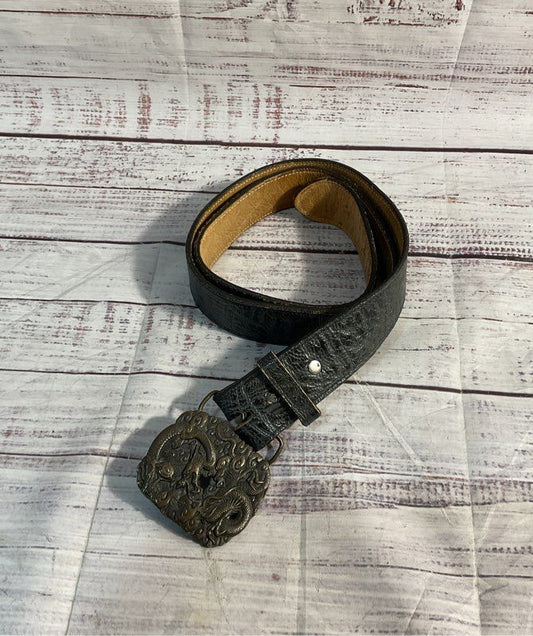 Vintage Bergamot Brass Works Dragon Brass Belt Buckle & Justin Leather Belt 36
