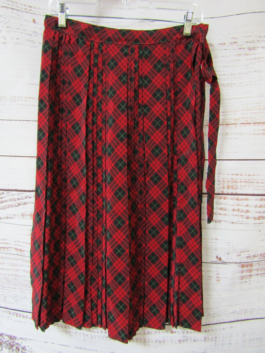 Vintage Adolfo at Saks Fifth Avenue Women's Red Plaid Pleated Silk Skirt