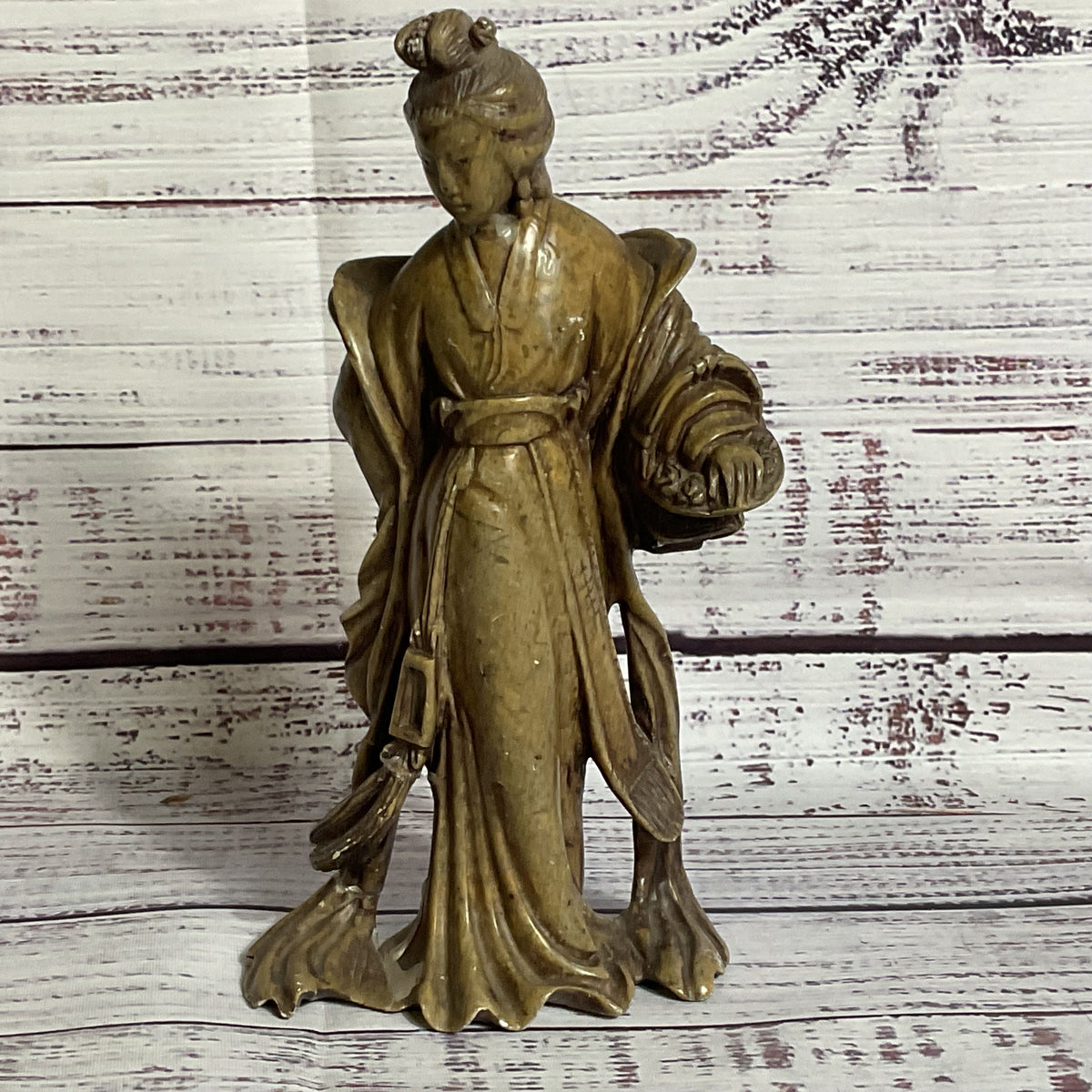 Signed VTG./ANTIQUE Chinese Quan Yin Holding Basket Soapstone Figurine- 7"