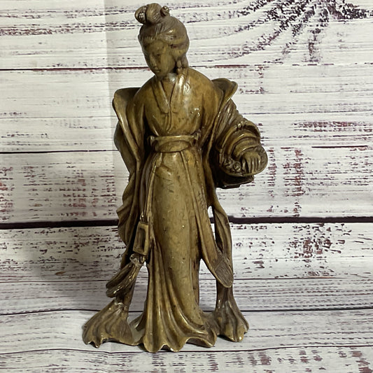 Signed VTG./ANTIQUE Chinese Quan Yin Holding Basket Soapstone Figurine- 7"