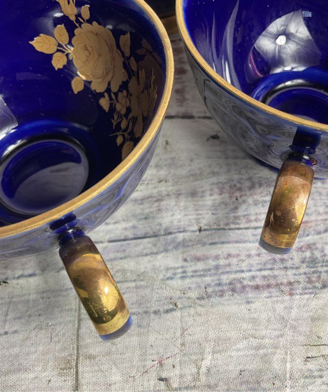 Bareuther Waldsassen Echt Vintage 22K Gold Germany Set of 3 Teacups Cobalt