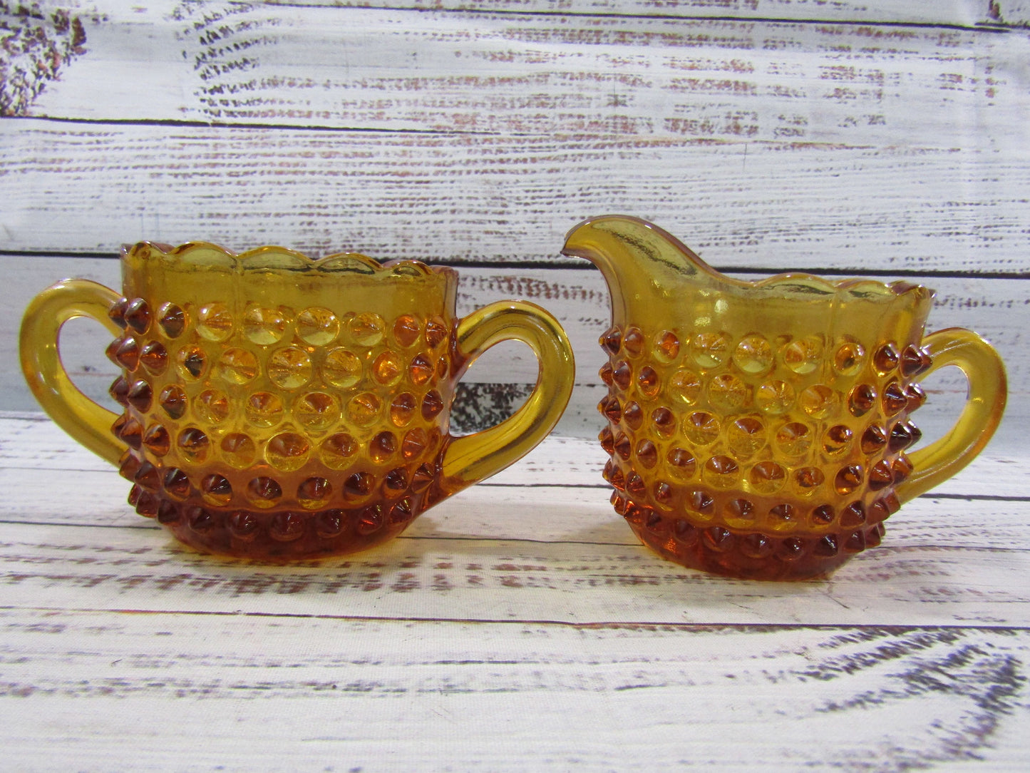 Vintage L.E. Smith Hobnail Amber Glass Creamer & Sugar Bowl