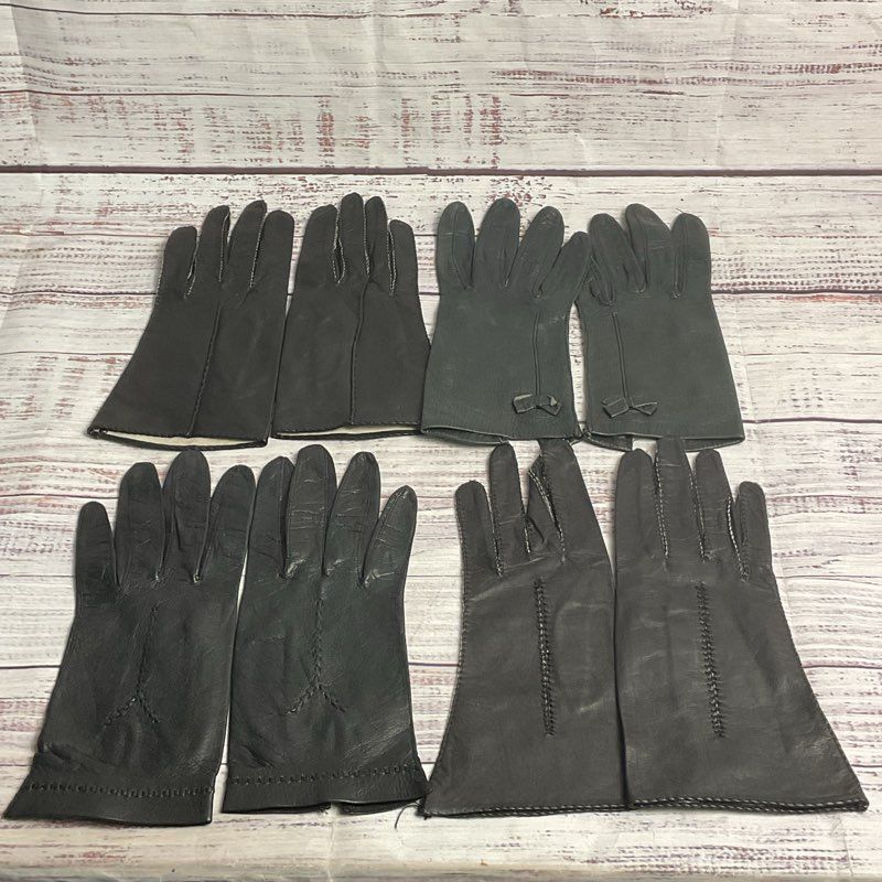 VTG. Mixed Lot of 4 Pairs of Black Leather Stitch Detail Driving Gloves sz Small