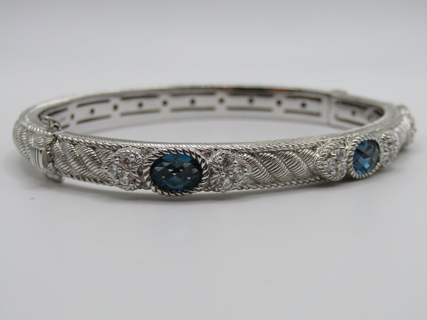 Judith Ripka Sterling Silver Blue Topaz Heart Cable Bangle Bracelet