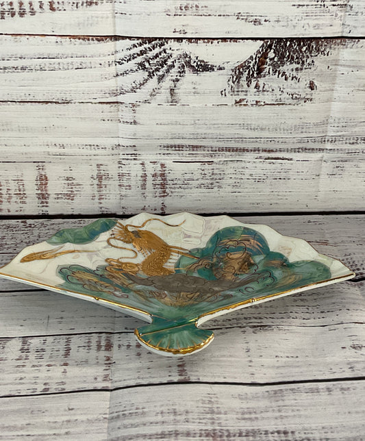 Aito Hand Painted 18K Gold Dragon Trinket Fan Dish Multicolor