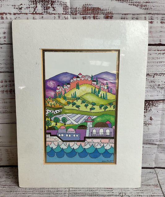 Cityscape of Jerusalem Drawing with Gold Leaf Signed Print