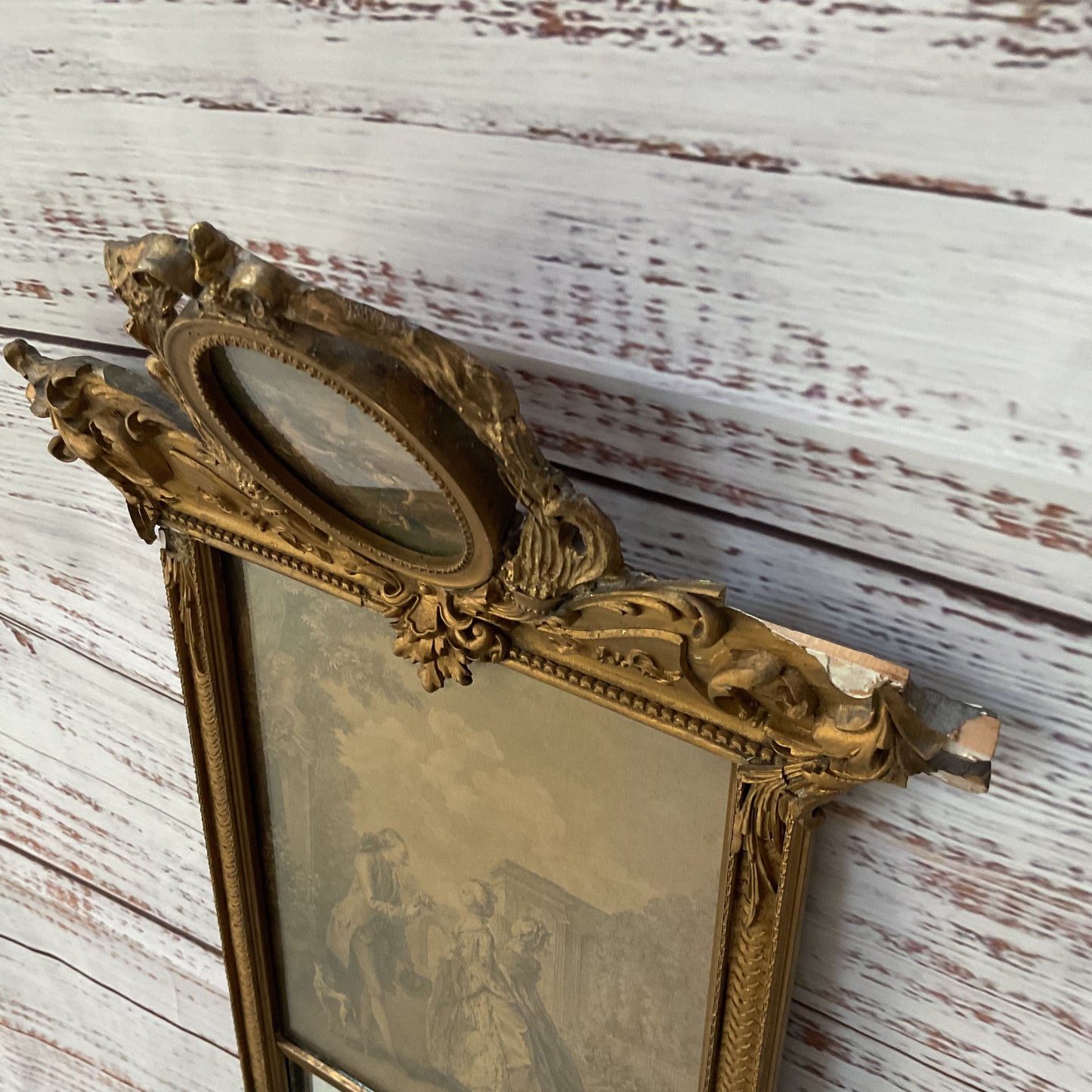 ANTIQUE Estate Louis Style Ornate Giltwood Trumeau Mirror - 42" x 13"