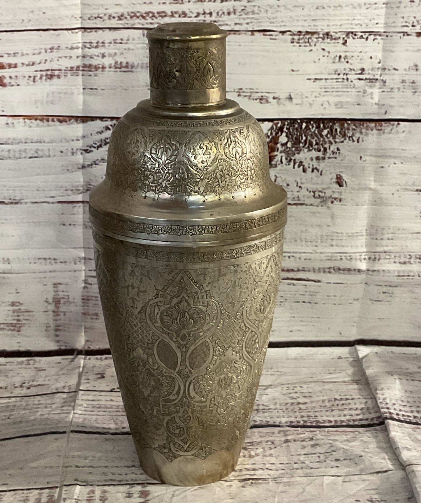 Vintage Etched Floral Cocktail Shaker & Cups Bar Set Tin