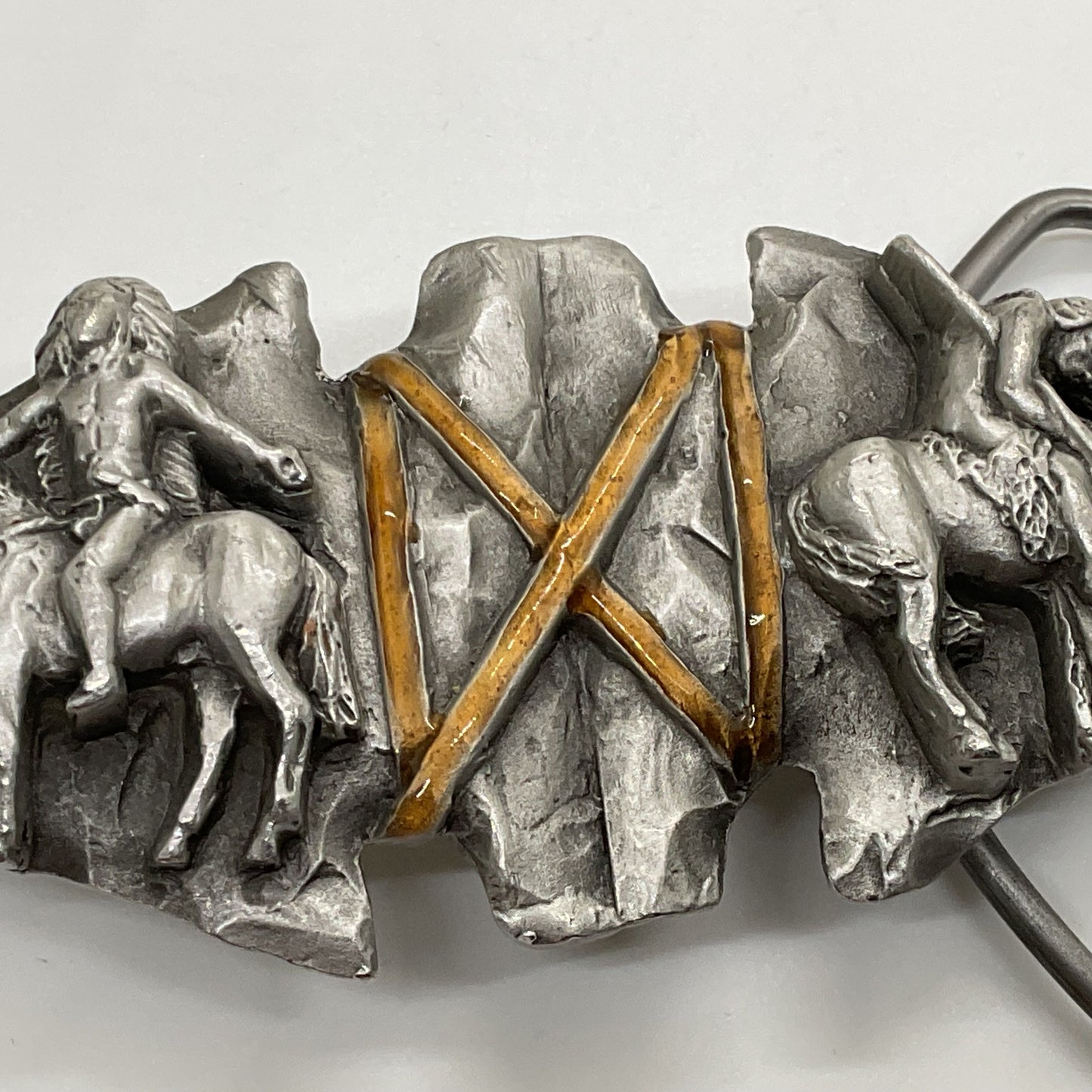 VTG. Native American Double Arrow Indians On Horses 1.75" Belt Buckle- 4" Long