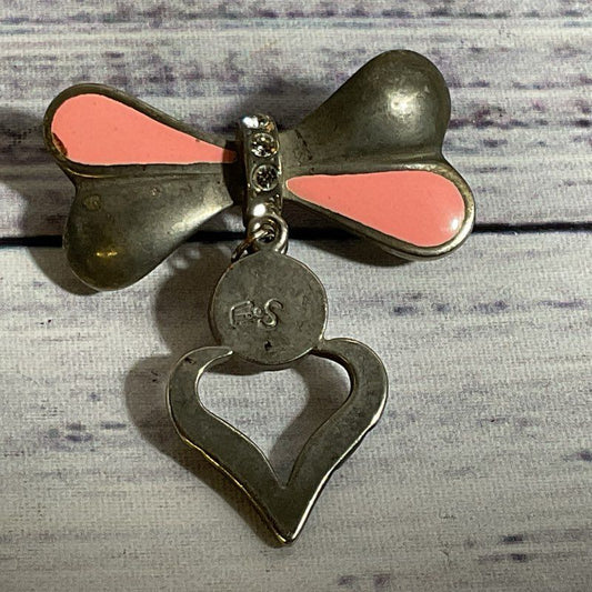 Signed VTG. ES Silver Tone & Enamel Bow & Heart Brooch- 2"