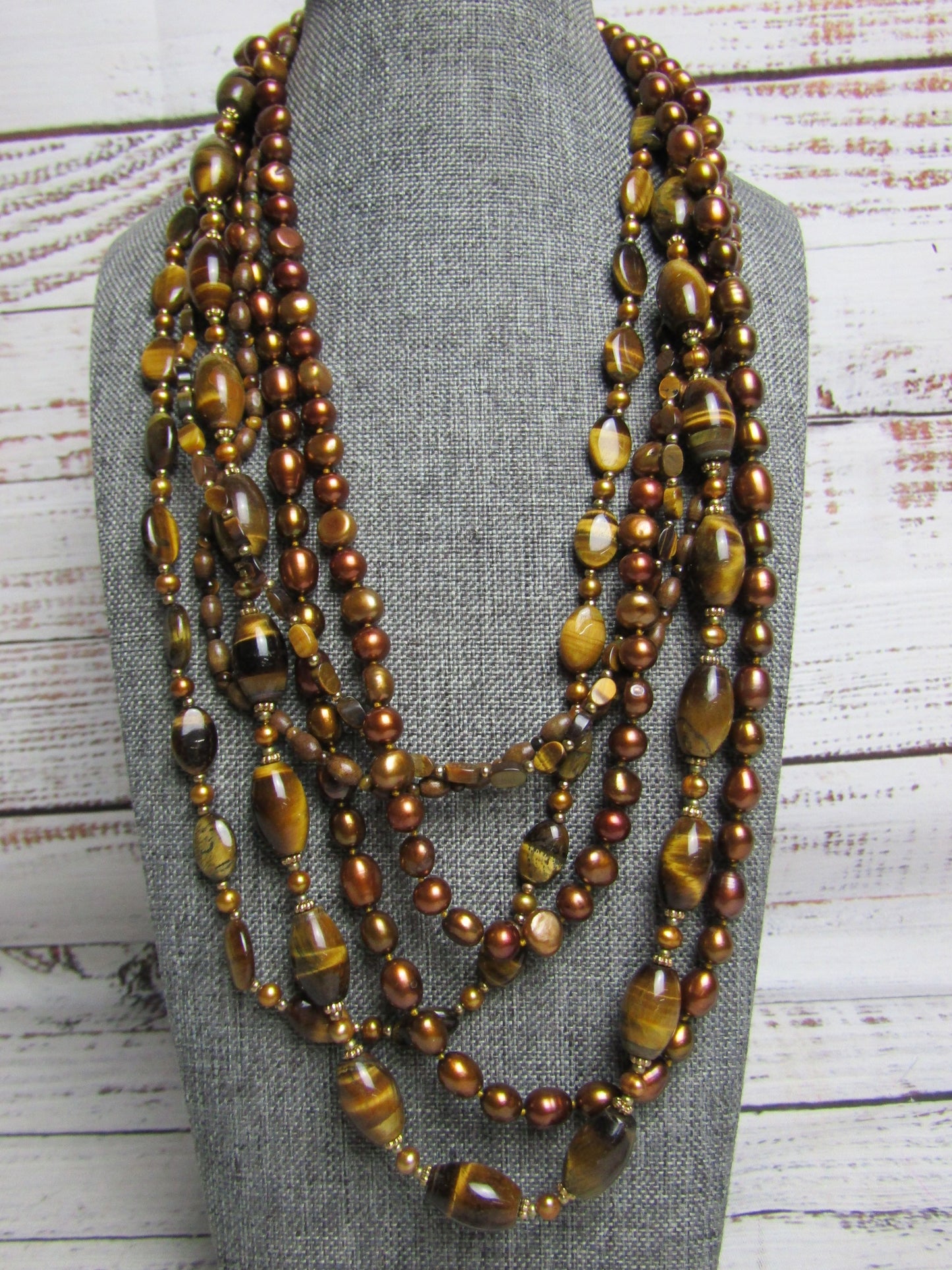 Coldwater Creek Multi-Strand Freshwater Pearl Tiger's Eye Beaded Necklace