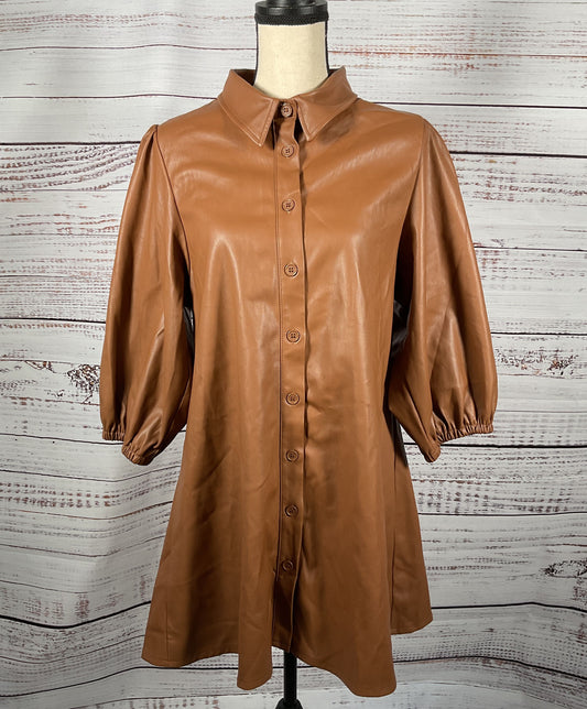 Dolce Cabo Faux Leather Dress Puff Sleeves Brown M
