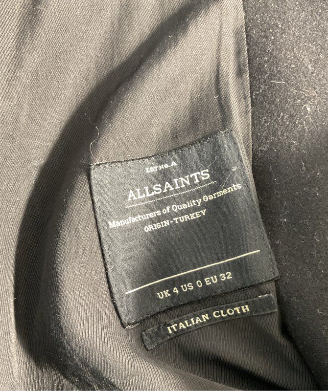All Saints Hyde Monument Coat With Faux Leather Sleeves Women's Size 0 Wool