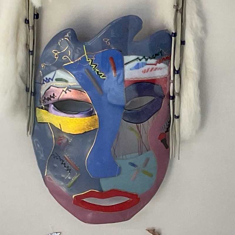 Signed SHAWN ATHARI Glass Mask with Feathers & Necklace with Shadowbox Display