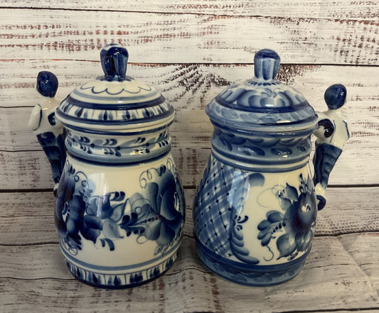 Vintage Russian Gzhel Porcelain Cobalt Lot of 2 Beer Mugs Blue White