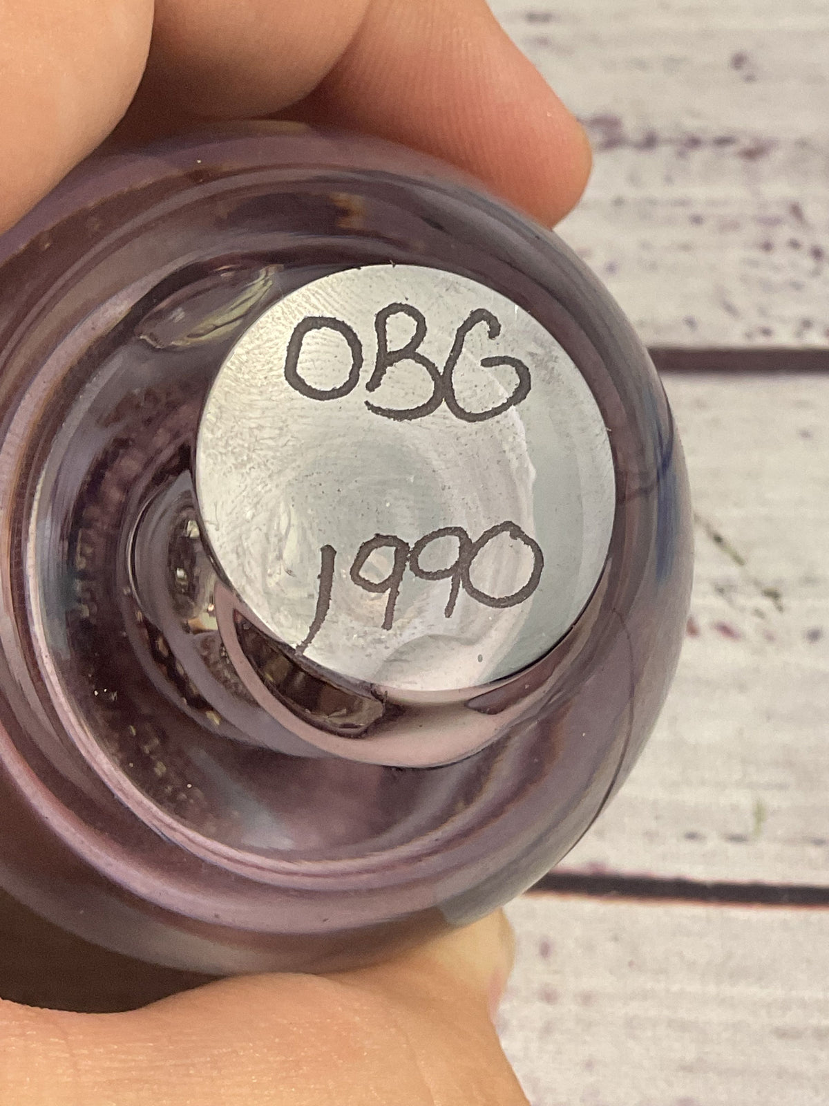OBG 1990 Signed Glass Egg Purple Spiral Paperweight