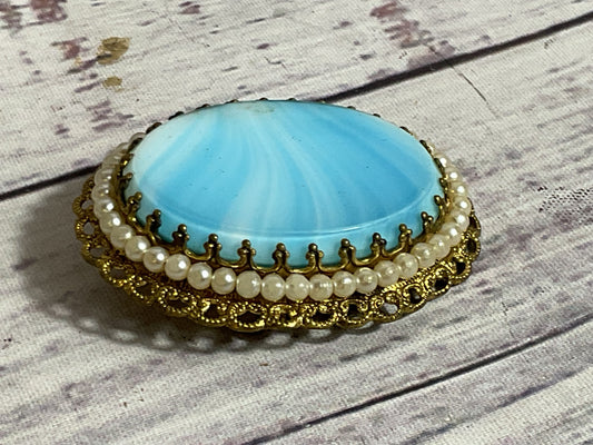 W. GERMANY Gold Tone Filigree Rhinestone Faux Pearl Brooch- 2"