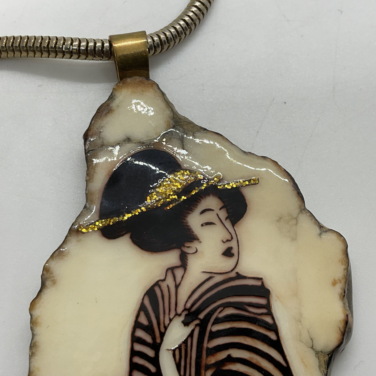 VTG. Brass Hand Painted Resin Geisha Snake Chain Necklace