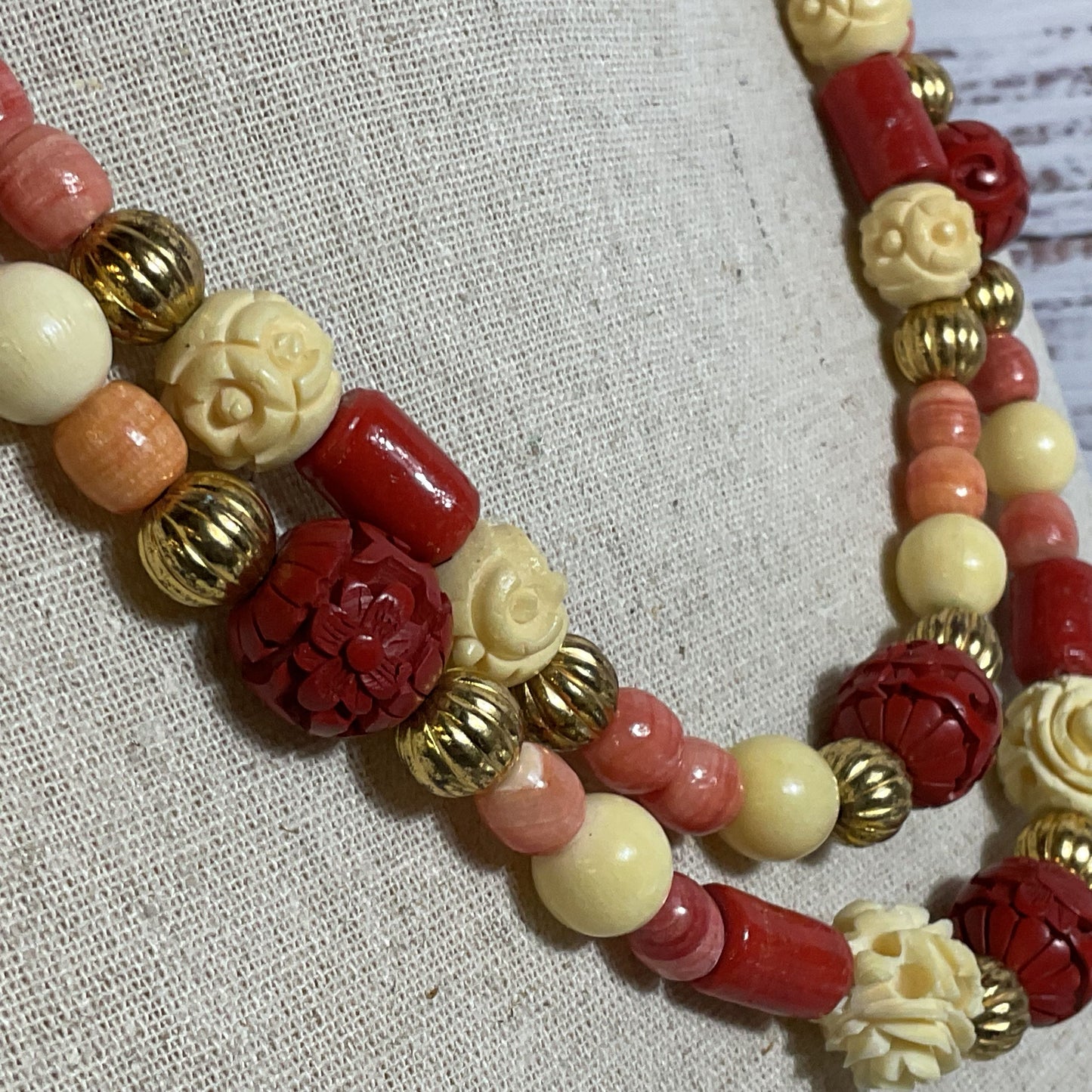 Red Coral, Cinnabar & Pink/White Gemstone Beaded 2 Strand Necklace- 20"
